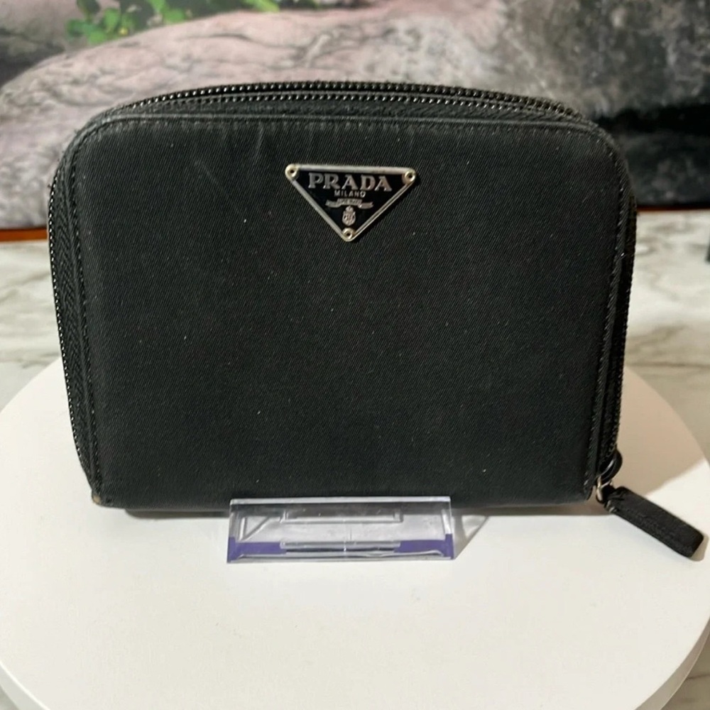 Prada Tessuto Nylon Compact Zip Around Wallet Black